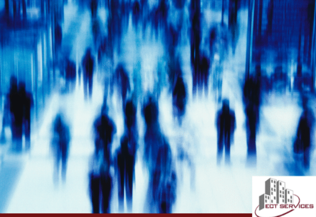 Blue distorted image of people walking